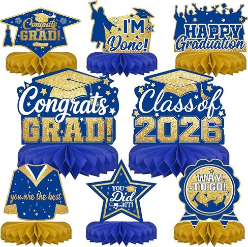 Blue and Gold 8 Pieces Graduation Table Decorations, Class of 2026 Congrats Grad Honeycomb Centerpieces, GRAD Table Toppers Decor for Graduation Party Decorations Favor Supplies in Saudi Arabia
