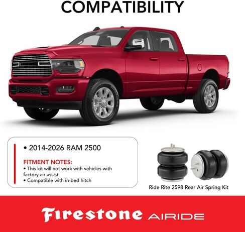 طقم تعليق كيس الهواء الخلفي Firestone Airide 2598 Ride-Rite يناسب 2014-2026 Ram 2500 | قدرة تحميل تصل إلى 5000 رطل | 5-100 رطل لكل بوصة مربعة | سهلة التركيب | يقلل من تآكل الإطارات in Kuwait
