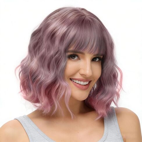 Rose bud Wavy Bob Wig with Bangs Natural Blue Wig Synthetic Hair Shoulder Length Short Curly Wigs for Women in Saudi Arabia