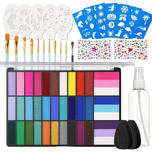 Face Painting Kit, Non-Toxic Face Paint Palette with 33 Colors, Stencils, Brushes, Safe for Sensitive Skin Washable Halloween Makeup Kit for Carnival Party Game Day in Saudi Arabia