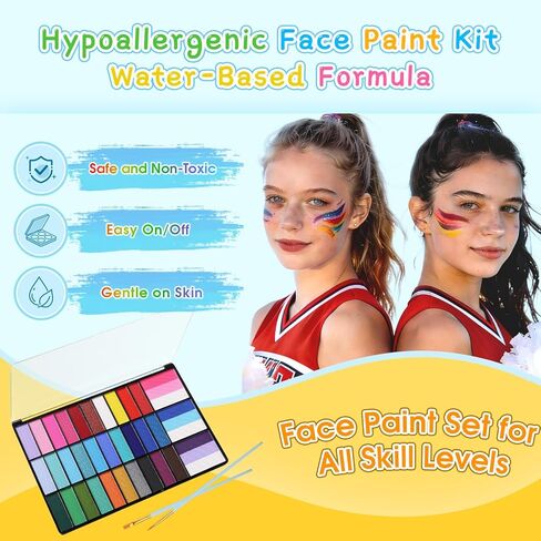 Face Painting Kit, Non-Toxic Face Paint Palette with 33 Colors, Stencils, Brushes, Safe for Sensitive Skin Washable Halloween Makeup Kit for Carnival Party Game Day in Saudi Arabia
