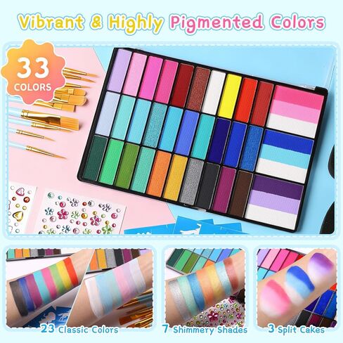 Face Painting Kit, Non-Toxic Face Paint Palette with 33 Colors, Stencils, Brushes, Safe for Sensitive Skin Washable Halloween Makeup Kit for Carnival Party Game Day in Saudi Arabia
