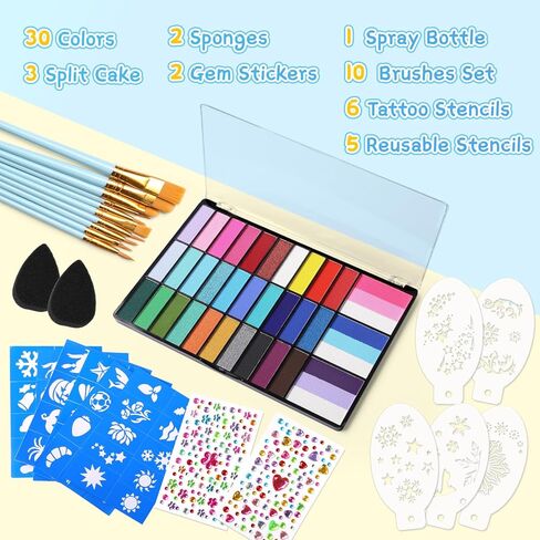 Face Painting Kit, Non-Toxic Face Paint Palette with 33 Colors, Stencils, Brushes, Safe for Sensitive Skin Washable Halloween Makeup Kit for Carnival Party Game Day in Saudi Arabia
