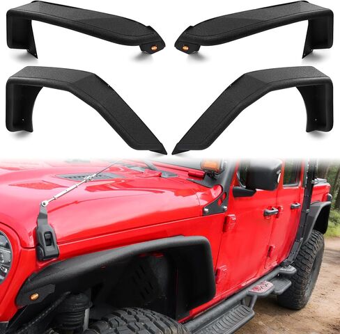 MONOKING 4 قطع مشاعل مسطحة مع إشارات انعطاف LED، لباب 2018-2026 Wrangler JL JLU 2/4، غطاء عجلة خلفية أمامية عالية التحمل للطرق الوعرة، فولاذ كربوني قابل للطلاء بدون مثقاب in Kuwait