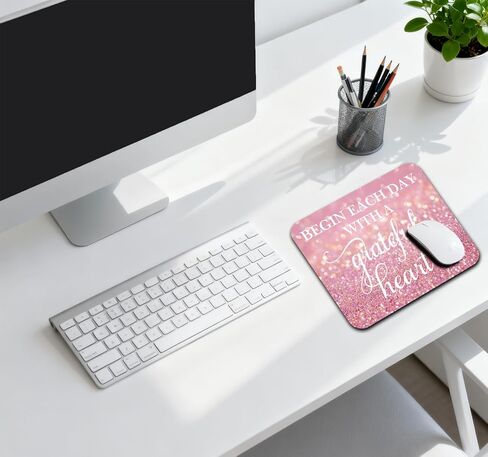 Inspirational Quote Mouse Pad - Begin Each Day with a Grateful Heart, Pink Glitter Cute Desk Mat for Girl/Women Motivational Non-Slip Mousepad Office Accessory in Saudi Arabia