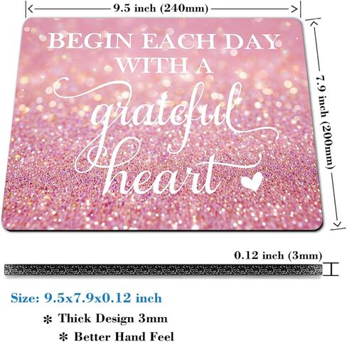 Inspirational Quote Mouse Pad - Begin Each Day with a Grateful Heart, Pink Glitter Cute Desk Mat for Girl/Women Motivational Non-Slip Mousepad Office Accessory in Saudi Arabia