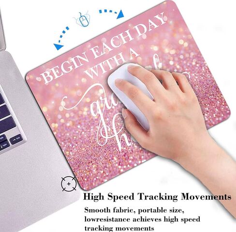 Inspirational Quote Mouse Pad - Begin Each Day with a Grateful Heart, Pink Glitter Cute Desk Mat for Girl/Women Motivational Non-Slip Mousepad Office Accessory in Saudi Arabia