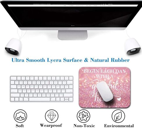 Inspirational Quote Mouse Pad - Begin Each Day with a Grateful Heart, Pink Glitter Cute Desk Mat for Girl/Women Motivational Non-Slip Mousepad Office Accessory in Saudi Arabia