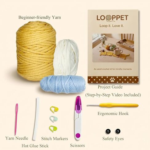 مجموعة LOOPPET مكونة من 4 قطع من الكروشيه للمبتدئين، مجموعة حياكة لأكواب الحيوانات DIY مع خيوط سهلة مقاومة للاهتراء ودروس فيديو خطوة بخطوة، هدية لمحبي الأم والكلاب in Kuwait