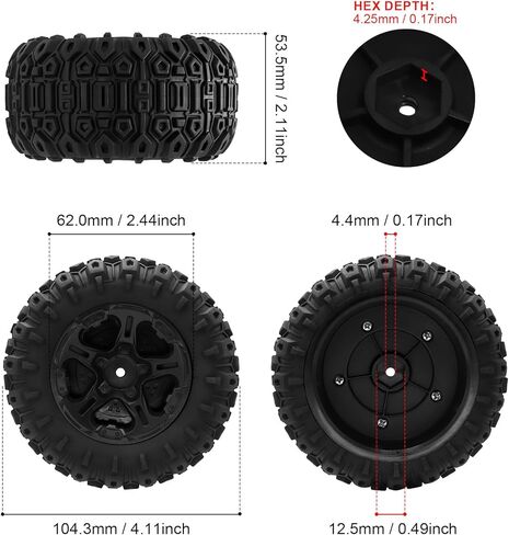 GOUPRC 12.5mm Hex RC Wheel Tires Set, 4.1 * 2.1 Inches 4PCS Swamp Claw Mud Terrain Tires Accessories for Traxxas Mini Maxx 1/12 RC Crawler Car Truck Buggy in Kuwait