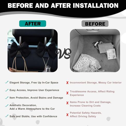 2PCS Car Seat Headrest Hooks, Cute Bow Vehicle Rear Seat Bracket Hook for Purses and Bags, Automotive Purse Hook Hanger, Universal for SUV, Sedan, Truck (Black) in Saudi Arabia