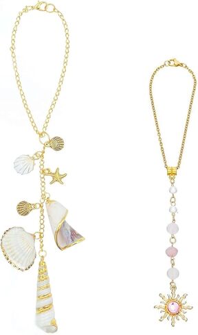 2 Pcs Car Hanging Charms for Women, Starfish and Seashell Ornament with Pink Sun Crystal, Bohemian Beach Style Rearview Mirror Decor in Saudi Arabia
