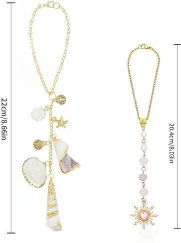 2 Pcs Car Hanging Charms for Women, Starfish and Seashell Ornament with Pink Sun Crystal, Bohemian Beach Style Rearview Mirror Decor in Saudi Arabia