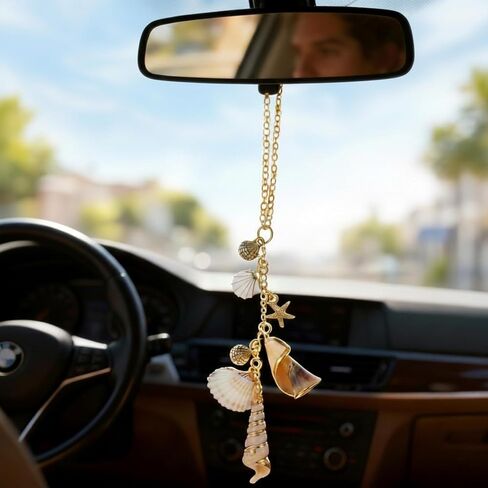 2 Pcs Car Hanging Charms for Women, Starfish and Seashell Ornament with Pink Sun Crystal, Bohemian Beach Style Rearview Mirror Decor in Saudi Arabia