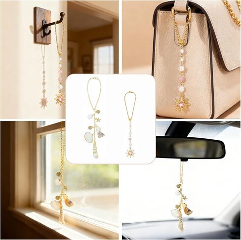 2 Pcs Car Hanging Charms for Women, Starfish and Seashell Ornament with Pink Sun Crystal, Bohemian Beach Style Rearview Mirror Decor in Saudi Arabia