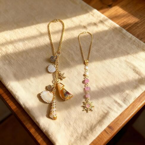 2 Pcs Car Hanging Charms for Women, Starfish and Seashell Ornament with Pink Sun Crystal, Bohemian Beach Style Rearview Mirror Decor in Saudi Arabia