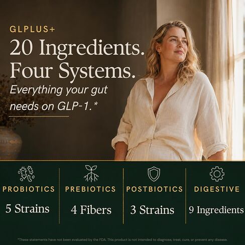 دعم GLP-1 Synbiotic - 20 في 1 لصحة الأمعاء والهضم والتوازن الأيضي - البريبايوتيك + البروبيوتيك + بوستبيوتيك + الإنزيمات الهاضمة - يدعم الشهية والطاقة والوزن - كبسولات نباتية in Kuwait