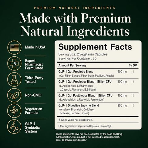 دعم GLP-1 Synbiotic - 20 في 1 لصحة الأمعاء والهضم والتوازن الأيضي - البريبايوتيك + البروبيوتيك + بوستبيوتيك + الإنزيمات الهاضمة - يدعم الشهية والطاقة والوزن - كبسولات نباتية in Kuwait