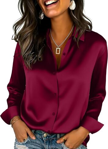 Womens Satin Silk Button Down Shirts Long Sleeve Blouse Casual Work Office Tops in Saudi Arabia