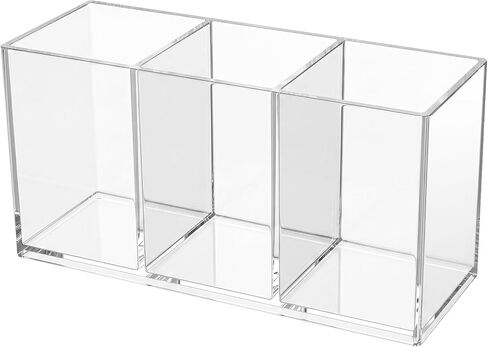 Acrylic Pen Holder, Clear Makeup Brush Holder for Vanity, 3-Compartment Desk Organizer for Office and Bathroom, Pencil Cup Stationery Organizer in Saudi Arabia