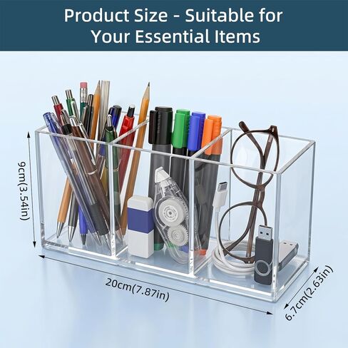 Acrylic Pen Holder, Clear Makeup Brush Holder for Vanity, 3-Compartment Desk Organizer for Office and Bathroom, Pencil Cup Stationery Organizer in Saudi Arabia