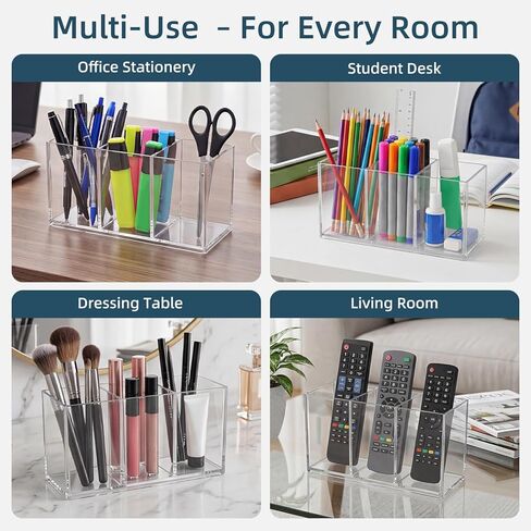 Acrylic Pen Holder, Clear Makeup Brush Holder for Vanity, 3-Compartment Desk Organizer for Office and Bathroom, Pencil Cup Stationery Organizer in Saudi Arabia