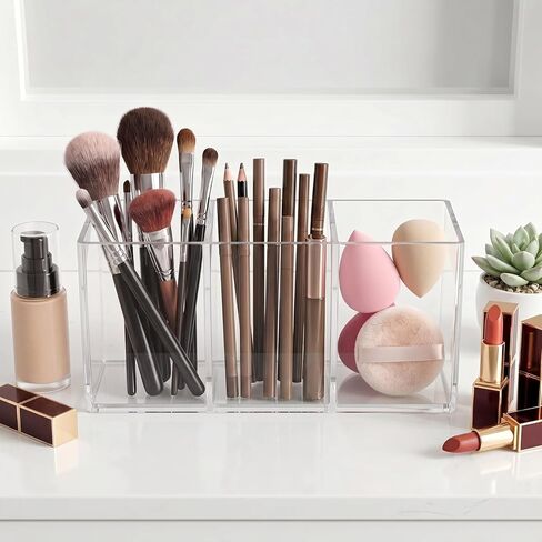 Acrylic Pen Holder, Clear Makeup Brush Holder for Vanity, 3-Compartment Desk Organizer for Office and Bathroom, Pencil Cup Stationery Organizer in Saudi Arabia