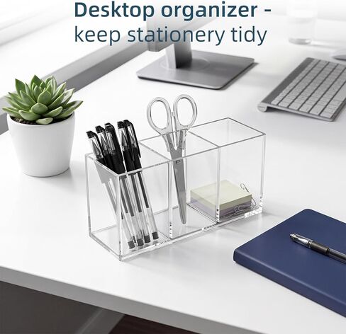 Acrylic Pen Holder, Clear Makeup Brush Holder for Vanity, 3-Compartment Desk Organizer for Office and Bathroom, Pencil Cup Stationery Organizer in Saudi Arabia