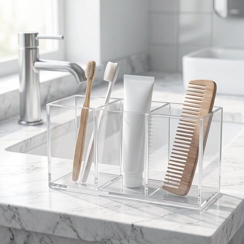 Acrylic Pen Holder, Clear Makeup Brush Holder for Vanity, 3-Compartment Desk Organizer for Office and Bathroom, Pencil Cup Stationery Organizer in Saudi Arabia