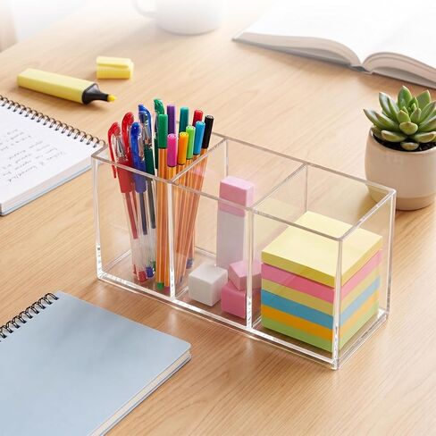 Acrylic Pen Holder, Clear Makeup Brush Holder for Vanity, 3-Compartment Desk Organizer for Office and Bathroom, Pencil Cup Stationery Organizer in Saudi Arabia