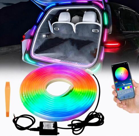 شريط إضاءة صندوق السيارة الديناميكي المتدفق، 4M/13.12ft RGB ضوء صندوق السيارة النيون، 12 فولت إضاءة داخلية محيطة مقاومة للماء من السيليكون المرن، شريط إضاءة LED للتشغيل/الإيقاف التلقائي in Kuwait