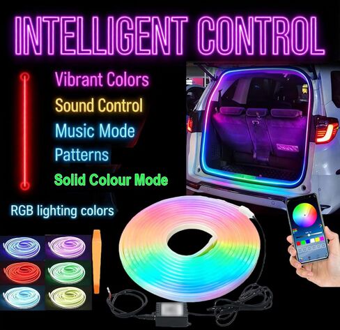 شريط إضاءة صندوق السيارة الديناميكي المتدفق، 4M/13.12ft RGB ضوء صندوق السيارة النيون، 12 فولت إضاءة داخلية محيطة مقاومة للماء من السيليكون المرن، شريط إضاءة LED للتشغيل/الإيقاف التلقائي in Kuwait