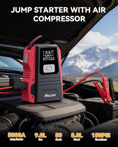Jump Starter with Air Compressor, Portable 1500A Jump Starter for 6L Gas/4L Diesel, 150PSI Tire Inflator with 25mm Cylinder, 12V Jump Box with 2 USB Ports & 5-Mode Flashlight, LED Display in Saudi Arabia