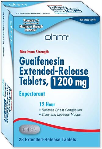 Ohm Guaifenesin 1200mg, Chest Congestion and Mucus Relief (28 Caplets) Extended-Release Maximum Strength Tablets, 12-Hour Expectorant Helps Thin & Loosen Stubborn Mucus, Non-Drowsy in Saudi Arabia