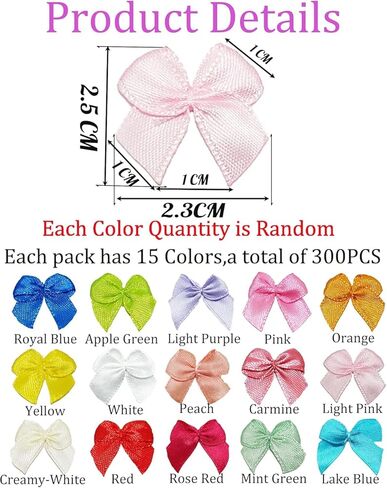 300 Pcs 1 Inch Pre-Tied Mini Satin Ribbon Bows in Light Multicolor, Small Fabric Craft Bows for DIY Embellishments, Gift Wrapping, Hair Clips, Cardmaking & Wedding Decorations in Saudi Arabia