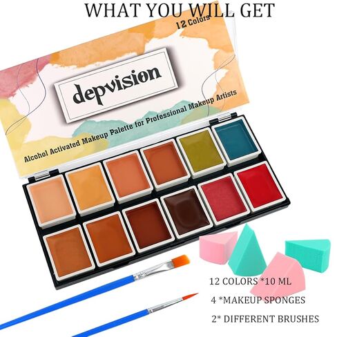 Depvision 12 Color Alcohol Activated Face Paint Flesh Skin Tone SFX Makeup Palette for Special Effects,Waterproof FX Make up for Pro Makeup Artists Cosplay Halloween Theatrical Tattoo Cover in Saudi Arabia