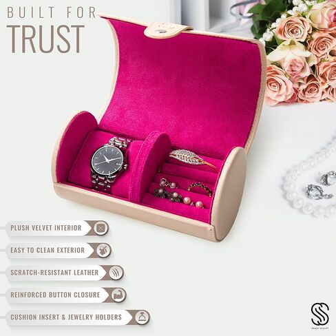 Travel Jewelry Case - Jewelry Organizer Case for Watch, Earring, Bracelet, Ring - Ideal Gift for Women, Travel Case Vegan Leather (Ivory Mist/Lilac Bloom) in Saudi Arabia