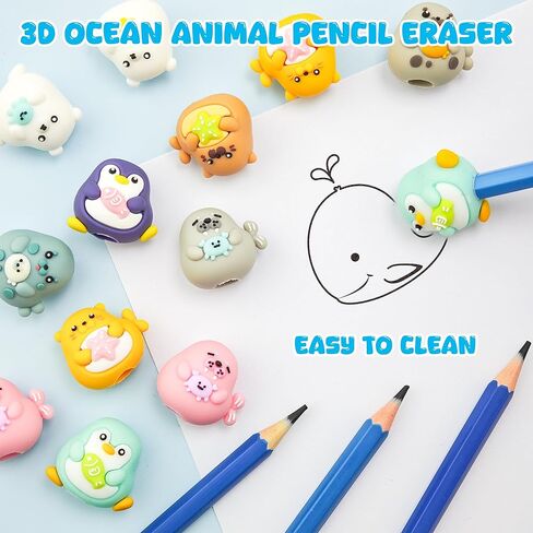 20 pcs Ocean Animal Pencil Topper Erasers for Kids Classroom Prizes, 3D Funny Pencil Top Erasers for Kids Class Treasure Box,Game Rewards,Party Favors, Non-Removable in Saudi Arabia