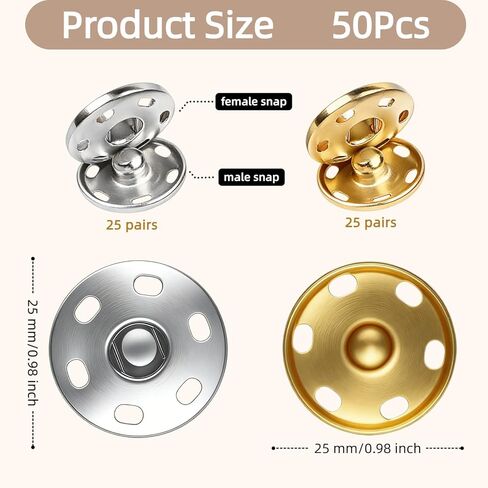 50 Set Large Snaps for Sewing,Sew On Snaps for Clothing,1‘’/25mm,Metal Snap Buttons,for Fabric Sewing DIY Crafts Clothing Shirt Pant(Silver, Gold) in Kuwait