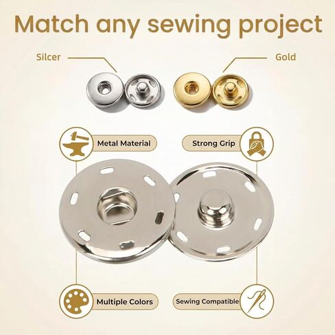 50 Set Large Snaps for Sewing,Sew On Snaps for Clothing,1‘’/25mm,Metal Snap Buttons,for Fabric Sewing DIY Crafts Clothing Shirt Pant(Silver, Gold) in Kuwait