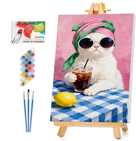 Framed Paint by Numbers Kit for Adults Beginner & Kids Ages 8-12, Funny Cat Paint by Numbers with frame, without Easel, DIY Acrylic Number Painting for Adults Animal for Home Decor Gift 8 x 12 Inch in Saudi Arabia