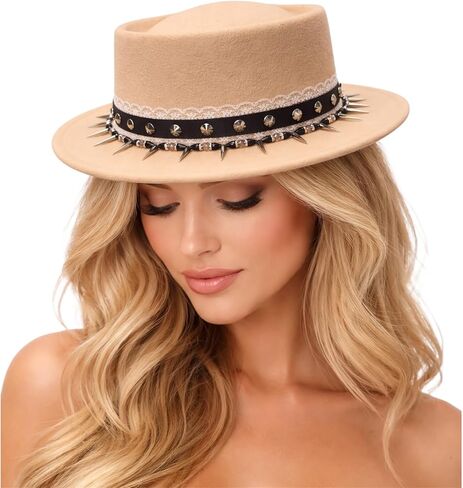 Goosebump Hat Company Wild Card Fedora Hat for Women, Studded Spike Brim, Lace Trim, Wide Brim Felt Hat in Saudi Arabia
