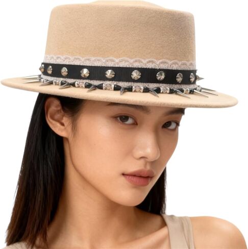 Goosebump Hat Company Wild Card Fedora Hat for Women, Studded Spike Brim, Lace Trim, Wide Brim Felt Hat in Saudi Arabia