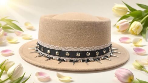 Goosebump Hat Company Wild Card Fedora Hat for Women, Studded Spike Brim, Lace Trim, Wide Brim Felt Hat in Saudi Arabia