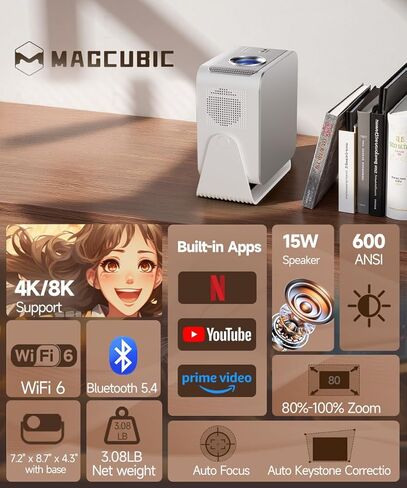 Smart Projector with 4K 8K Support, Mini Projector with Wifi6 and Bluetooth5.4, 600 ANSI, Auto Focus & Obstacle Avoidance 1080P Portable Movie Proyector for Home Outdoor, Magcubic HY350Max in Saudi Arabia