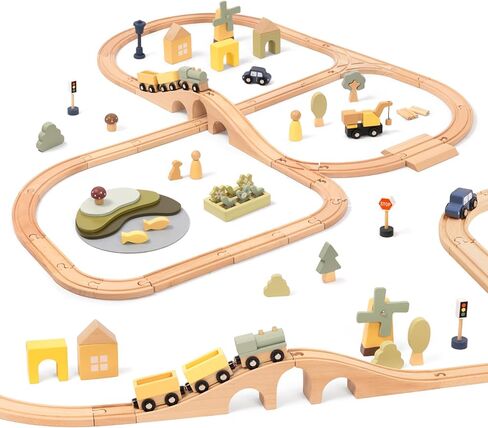 OOOK Multi-Scenario Wooden Train Set,All Wood Accessories Train Set for Toddlers 3 Years Old, Multi-Scenario Train Toy for 3 4 5 Years Old Girls & Boys in Saudi Arabia