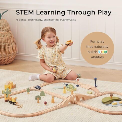 OOOK Multi-Scenario Wooden Train Set,All Wood Accessories Train Set for Toddlers 3 Years Old, Multi-Scenario Train Toy for 3 4 5 Years Old Girls & Boys in Saudi Arabia