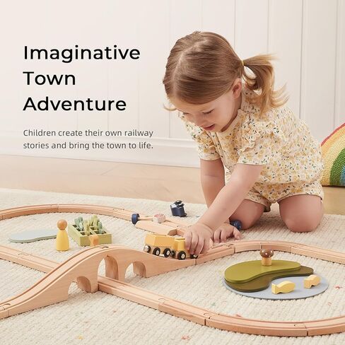 OOOK Multi-Scenario Wooden Train Set,All Wood Accessories Train Set for Toddlers 3 Years Old, Multi-Scenario Train Toy for 3 4 5 Years Old Girls & Boys in Saudi Arabia