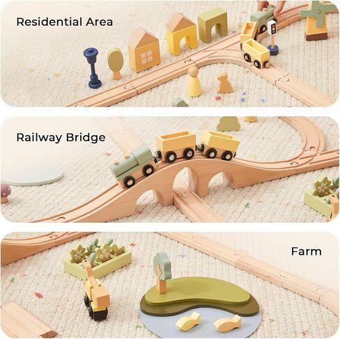 OOOK Multi-Scenario Wooden Train Set,All Wood Accessories Train Set for Toddlers 3 Years Old, Multi-Scenario Train Toy for 3 4 5 Years Old Girls & Boys in Saudi Arabia