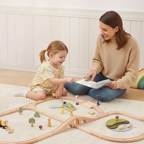 OOOK Multi-Scenario Wooden Train Set,All Wood Accessories Train Set for Toddlers 3 Years Old, Multi-Scenario Train Toy for 3 4 5 Years Old Girls & Boys in Saudi Arabia